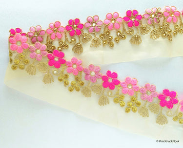Gold Sheer Tissue Fabric Trim With Embroidered Pink & Gold Flowers, Embellished With Beads, Approx. 65 mm Wide - 210119L102